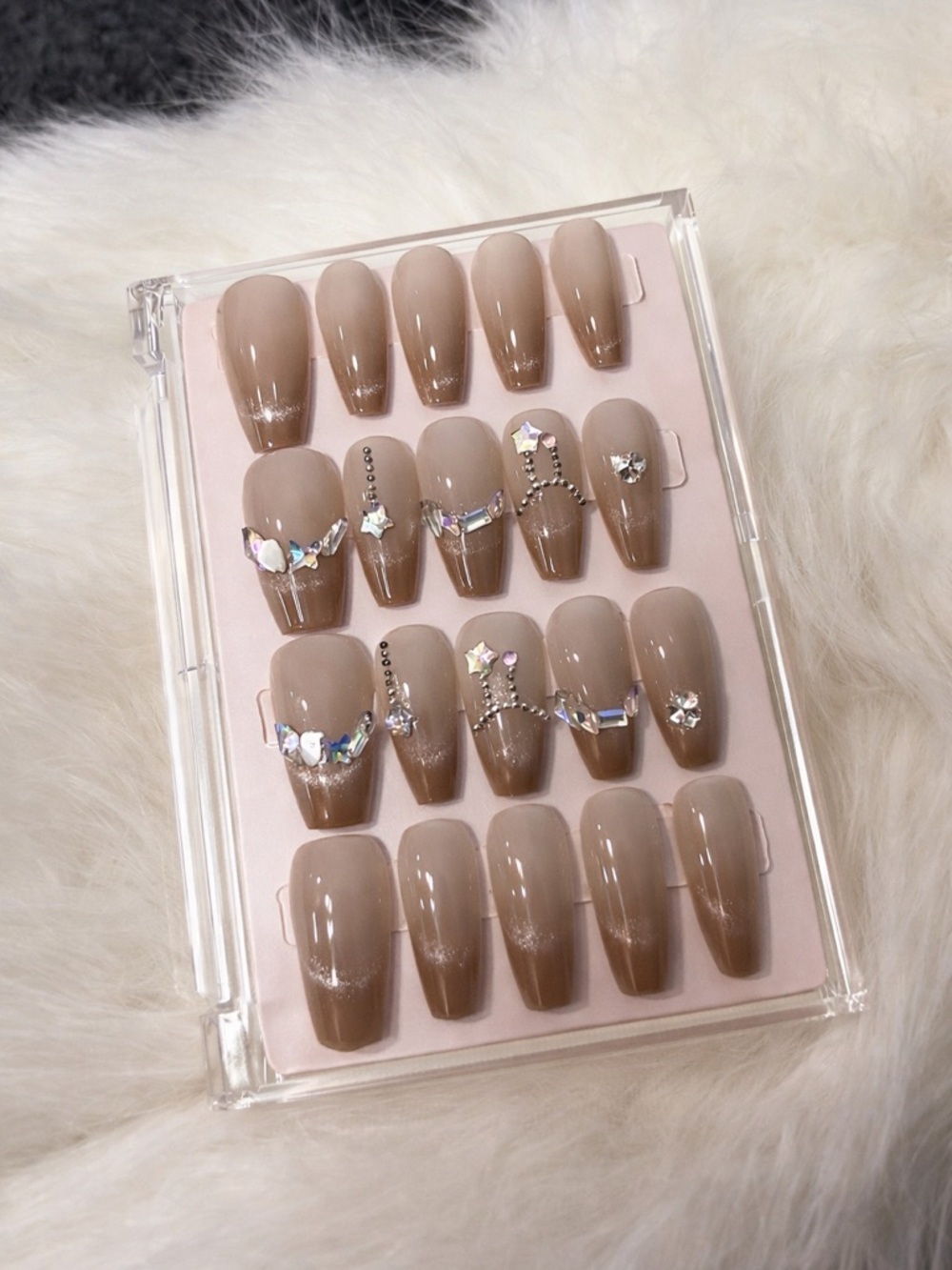 Nude Ombre Press-On Nails with Rhinestone Accents (20 nails in total)